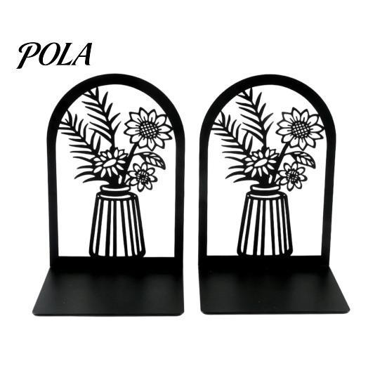 L-shaped Bookend 1 Pair Flower Metal Bookends, Decorative Vase Book Ends for Non-slip Shelves, Black Holder Stopper Home Office Reading Room