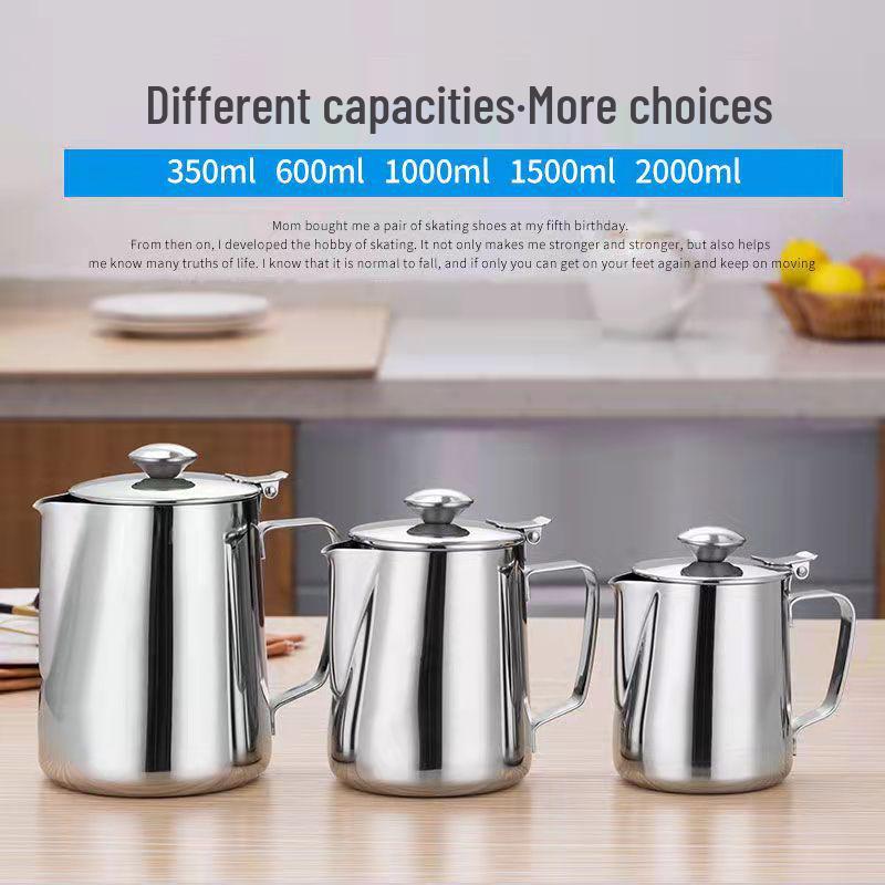 Dzbanek do latte art ze stali nierdzewnej z pokrywką - Kubek do spieniania z ostrym dzióbkiem do kawy i mleka