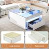 70 x 70 x 35 cm Coffee Table with 2 Drawers, High-Gloss, Openwork Design, Desk and Dining Table, Tempered Glass with LED, White
