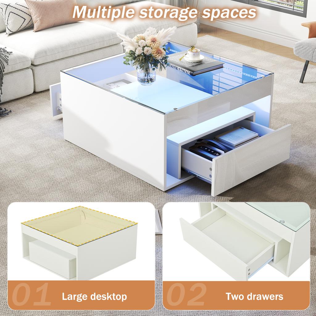 70 x 70 x 35 cm Coffee Table with 2 Drawers, High-Gloss, Openwork Design, Desk and Dining Table, Tempered Glass with LED, White