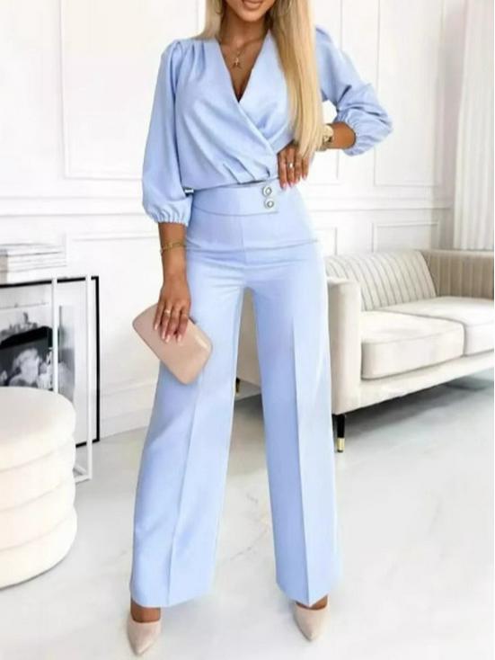 2025 Women's Solid Color V-neck Two-Button 2-Piece Pants Set