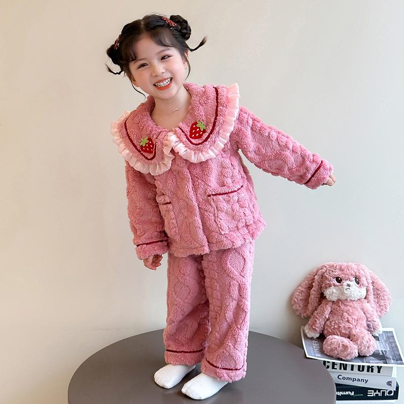 

Зима 2025 Флисовая подкладка Воротник-клубничка Девичья пижама – Толстая, стильная домашняя одежда для дома и улицы 130 cm