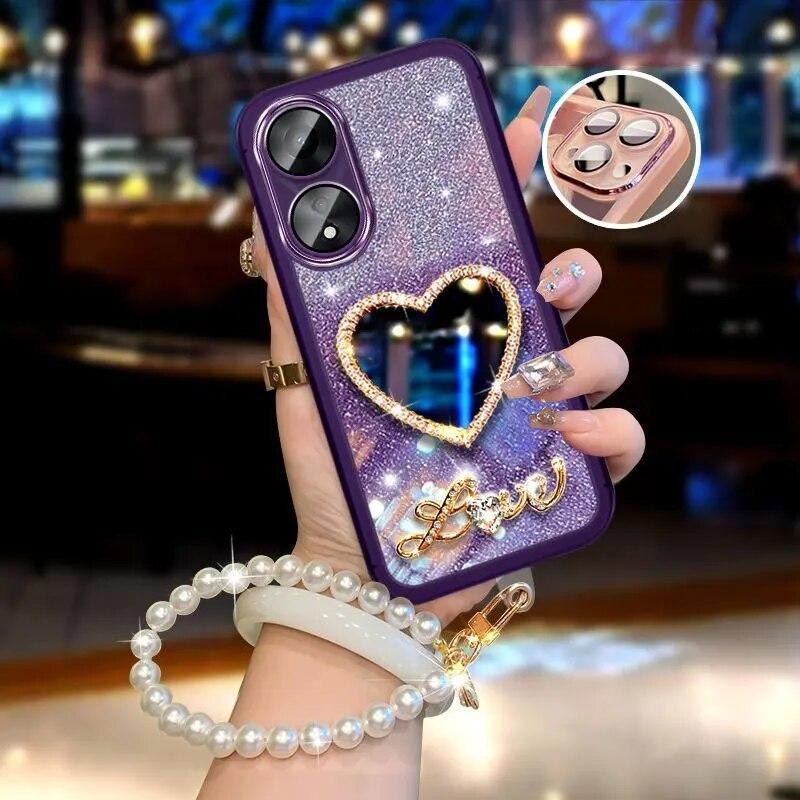 Luxusní perlové pouzdro na náramek pro OPPO A58 Realme 11 4G Reno11 7 10 Pro 7Z 8 Lite 5G A12 A5S Mirror Cover Lesklý třpytivý obal