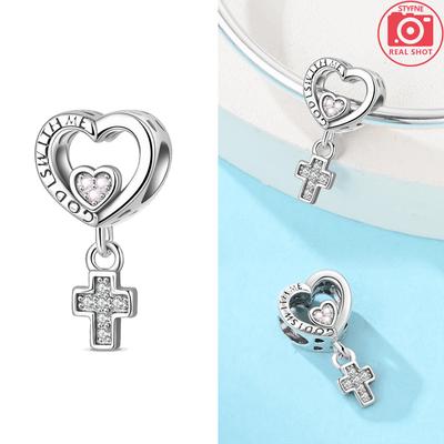 Original Charms Blue Lucky Symbol Cross Heart Pendant Copper Bead Fit Bracelet Women Accessory Gift Diy Jewelry