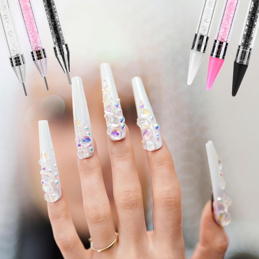 13-Piece Rhinestone Picker Tool Kit, Includes 3 Dual-End Wax Pens, 6 Wax Tips, 1 Clay Pad, 1 Straight Tweezer & Plate Dotting Tool for Nail Art Gems,