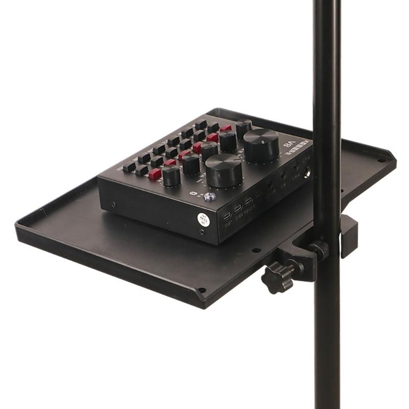 Microphone Stand Tray, Clamp-On Mic Rack Tray Height Adjustable with O-Rings Clamp, Mic Sound Card Holder for Recording