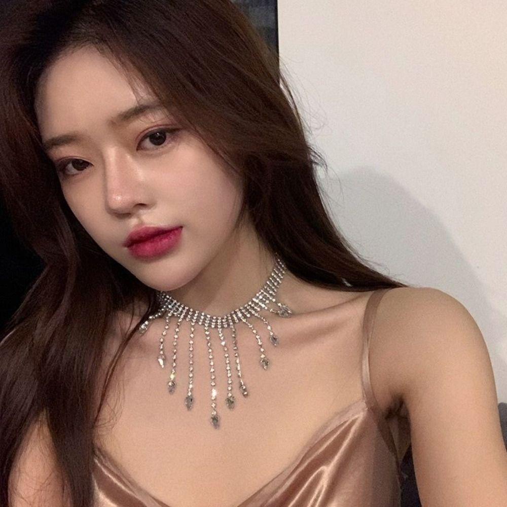 Geometric Full Rhinestone Necklaces Korean Style Wedding Bride Jewelry Tassel Necklaces  Wedding