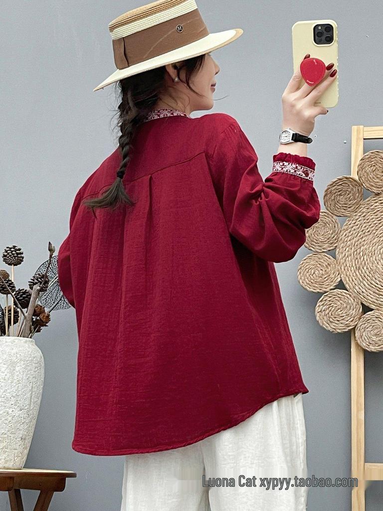 Women's Long Sleeve Stand Collar Embroidered Cotton Gauze Shirt - Ethnic Style, New Chinese Trend