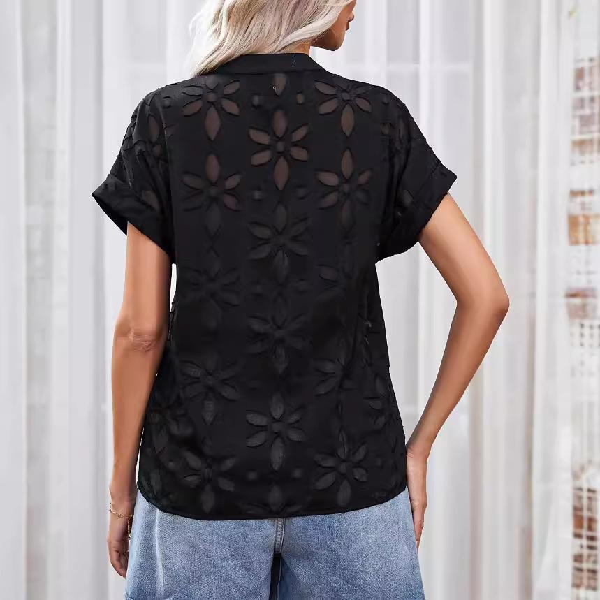 Ladies Summer Short Sleeve V Neck Mesh Hollow Solid Color Pullover Shirt Top