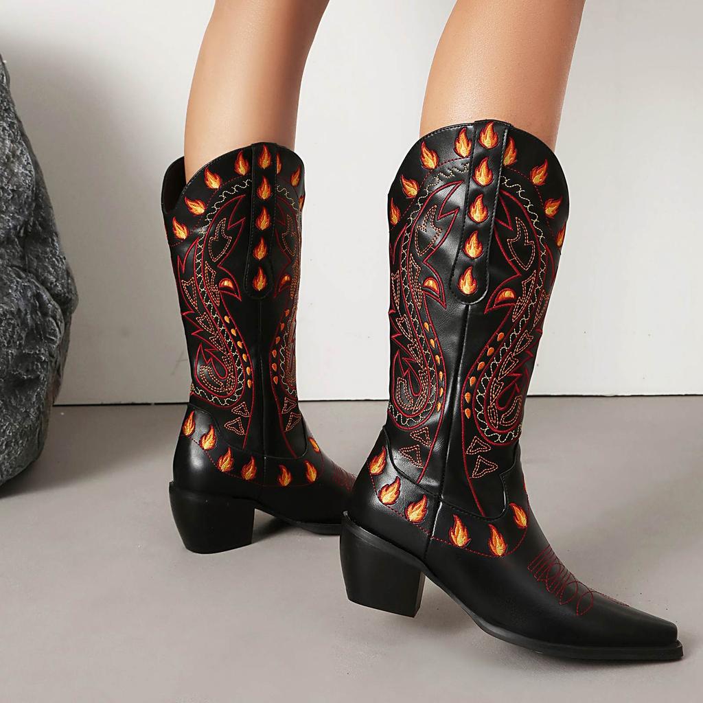 Krazing Po Polyurethane Winter Pointed Toe Western Boots Size 43 Sewing Embroidery Thick Heels Mid-calf Boots