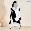 Women Plus Size Two Piece Set Black White Geometric Printed Hooded Long Sleeve High Low Top Fitted Pants