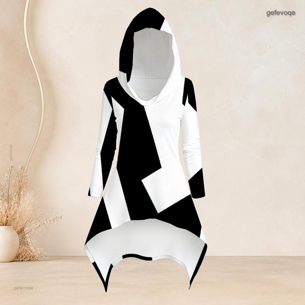 Women Plus Size Two Piece Set Black White Geometric Printed Hooded Long Sleeve High Low Top Fitted Pants