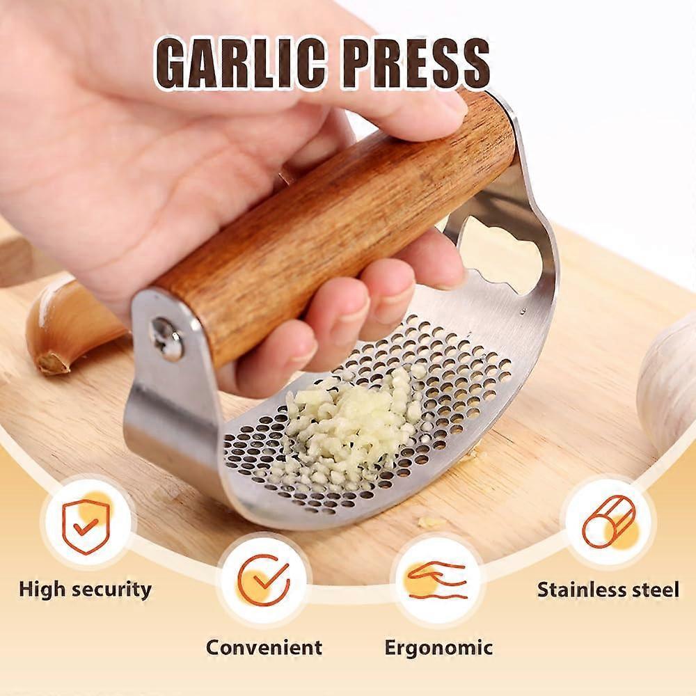 Stainless Steel Garlic Presser, Upgraded Garlic Press Rocker, Garlic Mincer Crusher, Ergonomic Wooden Handle for Home Kitchen