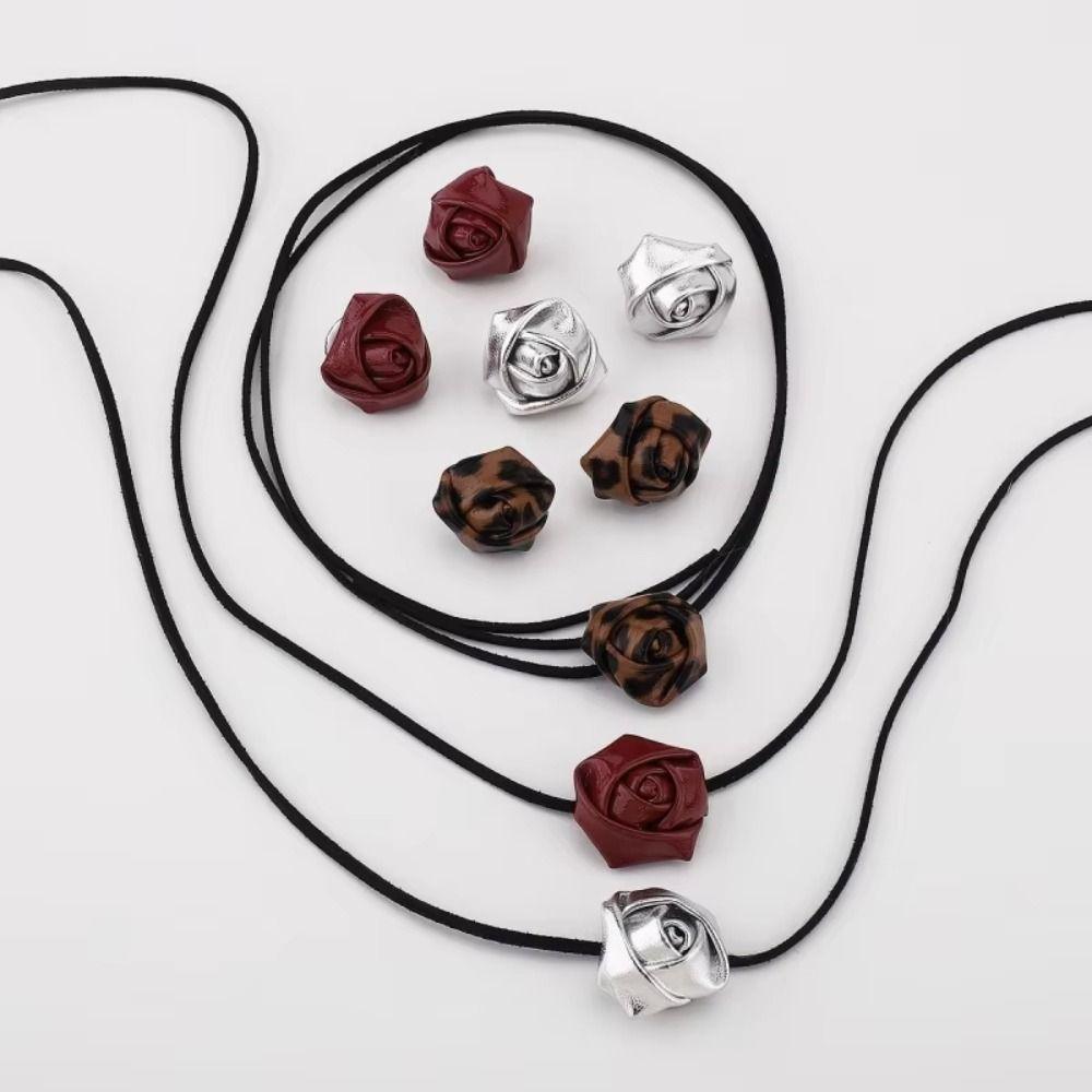 PU Leather Clavicle Chain Necklace Floral Design Flower Stud Earrings  Korean Fashion
