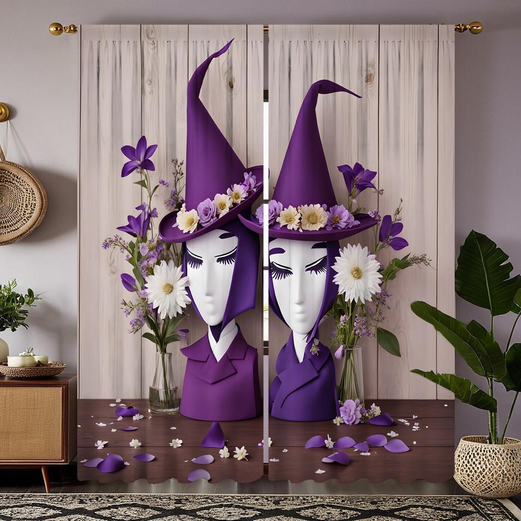 2pcs set HD Halloween Flowers Magic Witch Wizard Hat Curtain Purple tie digital printed curtain Home Decor style Decorate liv