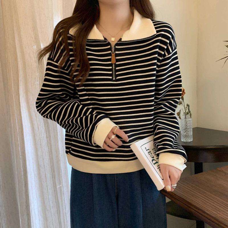 Polo lapel zipper top women's early spring contrasting stripes loose long-sleeved bottoming shirt niche sweater