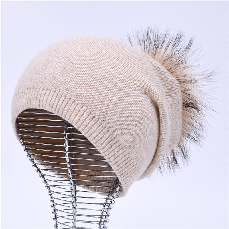 Real Raccoon Fur Pom Pom Knitted Hat Women Beanies Cashmere Winter Hat Female Girl Cotton Skullies Wool Beanie Hat