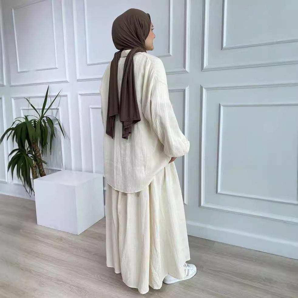 In-Stock Summer Fashion: Women's Crinkled Puff Sleeve Long Sleeve Muslim Apparel Skirt Set
