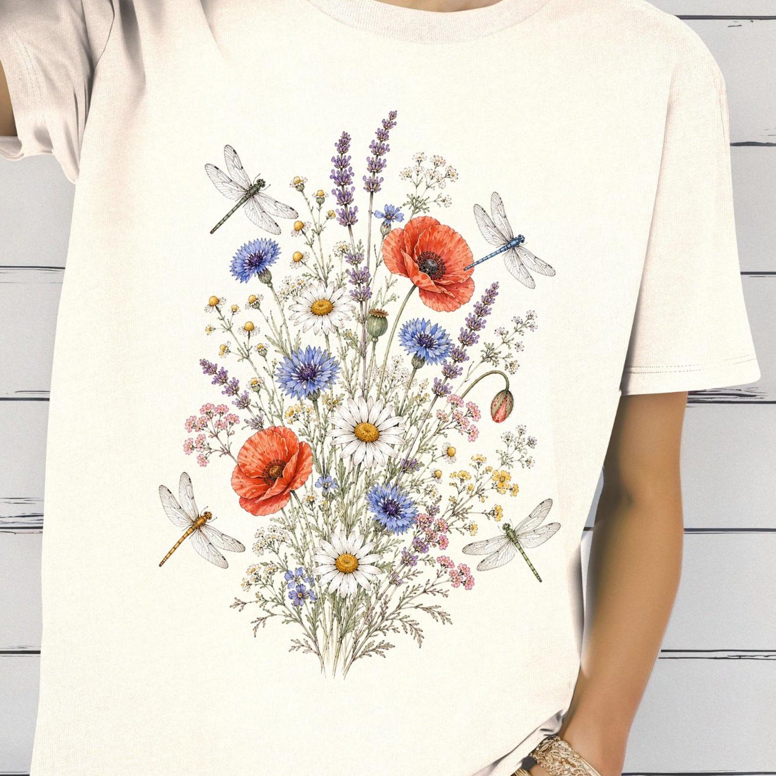 Wildflower Dragonfly Shirt, Botanical Flower Tee, Floral Nature T shirt, Summer Meadow Shirt, Garden Lover Tee 2XL