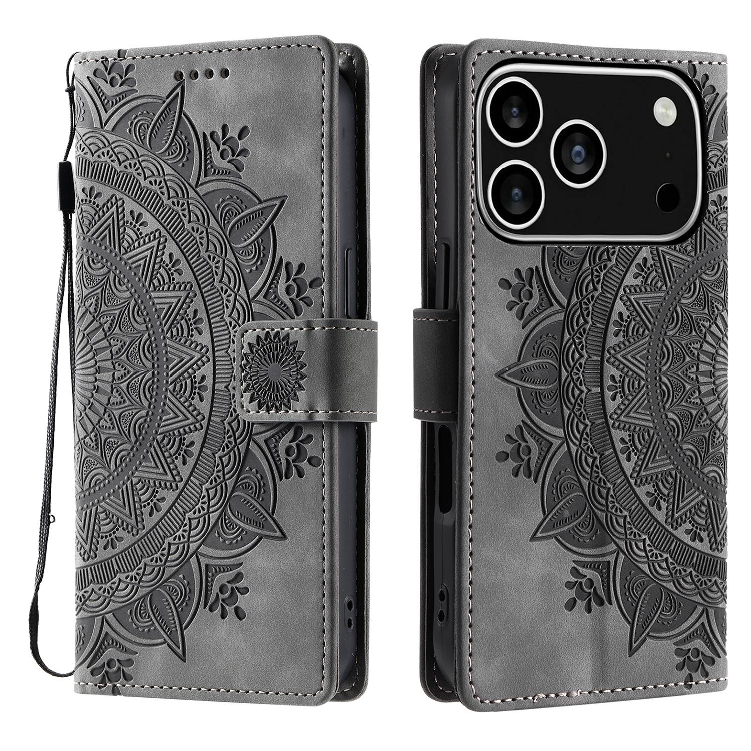 

For iPhone 17 Pro Case Imprinted Totem Skin Feel Wallet Leather Phone Cover with Hand Strap Grey