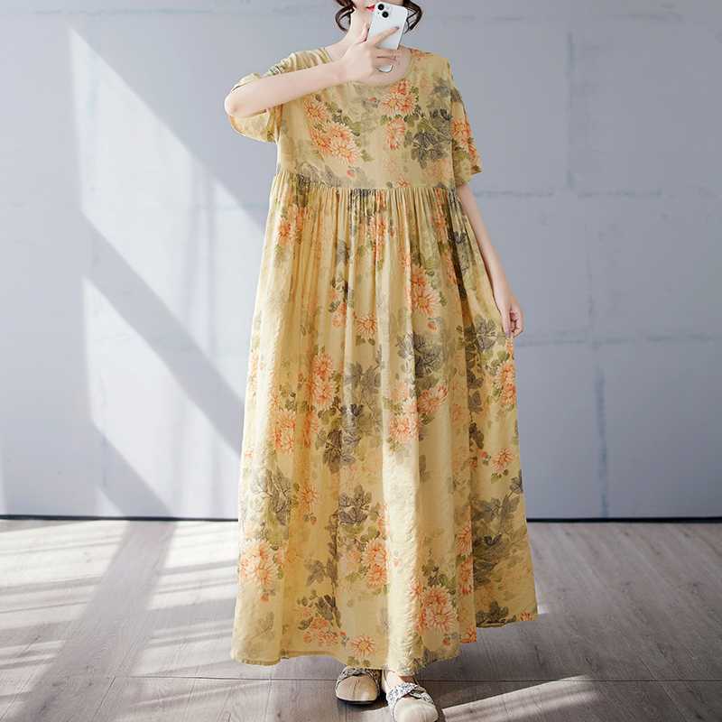 Simple and Fashionable Long Skirt Summer Short Sleeved Round Neck Printed Dress