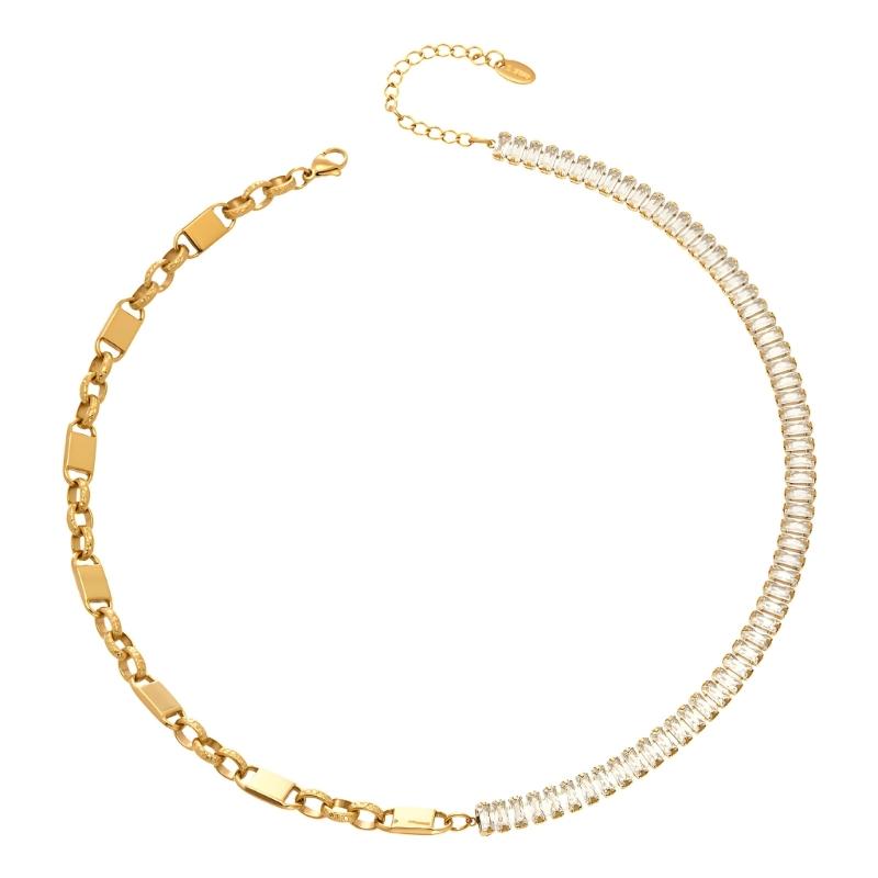 Geometric Zirconia Chain Necklace Stainless Steel Adjustable Length Collarbone Chain For Women Layering Jewelry