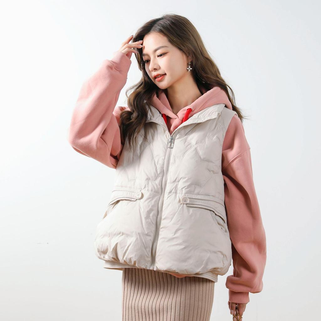 Colete de penas feminino outono e inverno nova versão coreana curto gola alta pequeno colete colete jaqueta moderno e quente