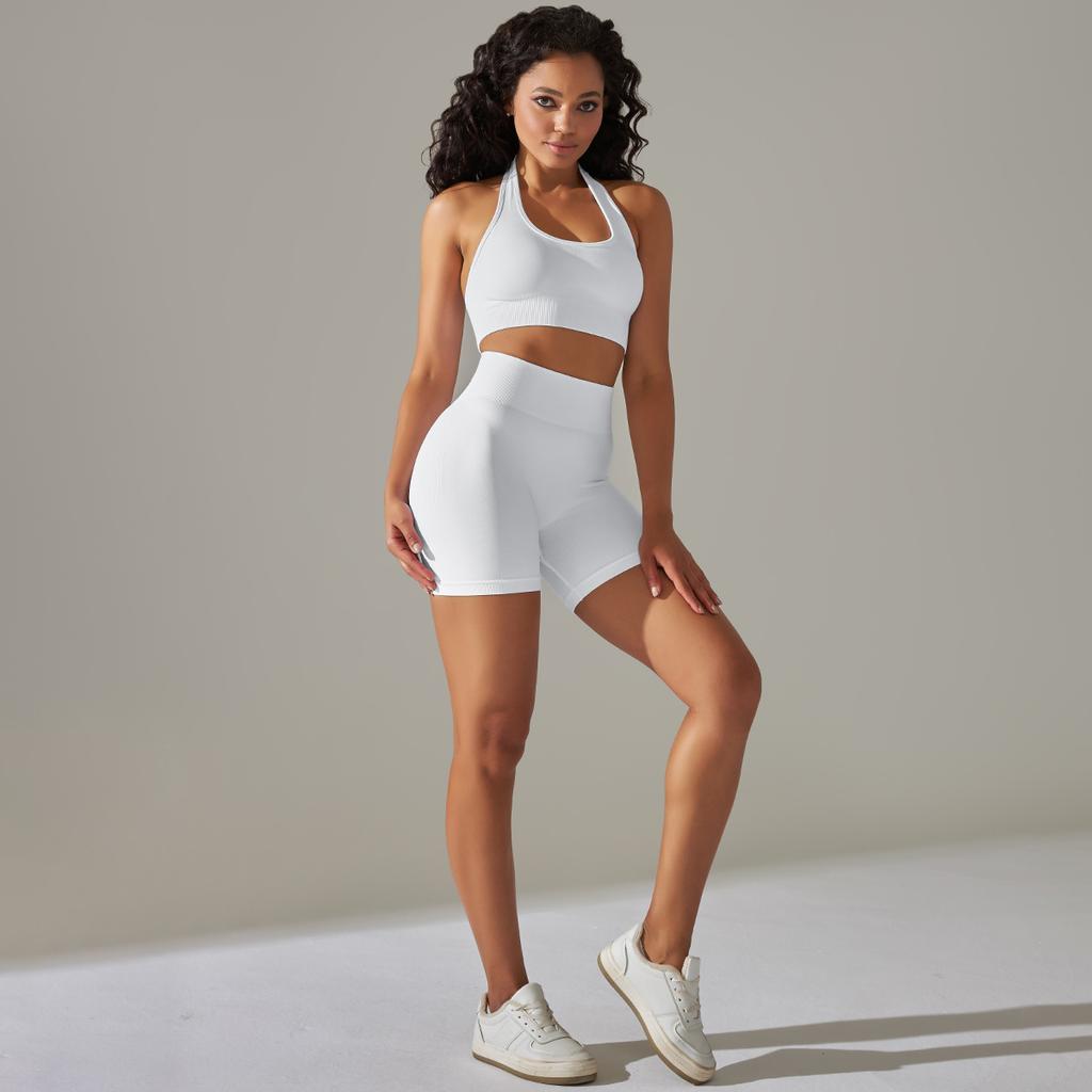 Seamless Knitted Back High Elasticity Sports Bra Yoga Set Running Fitness Shorts Two Piece Set For Women