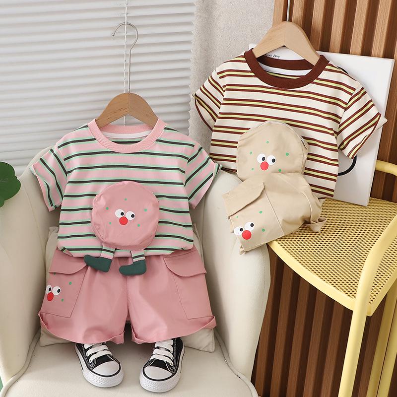 

Boys 2025 Summer Two-Piece Set: Short Sleeve & Bag 90cm брудно-білий