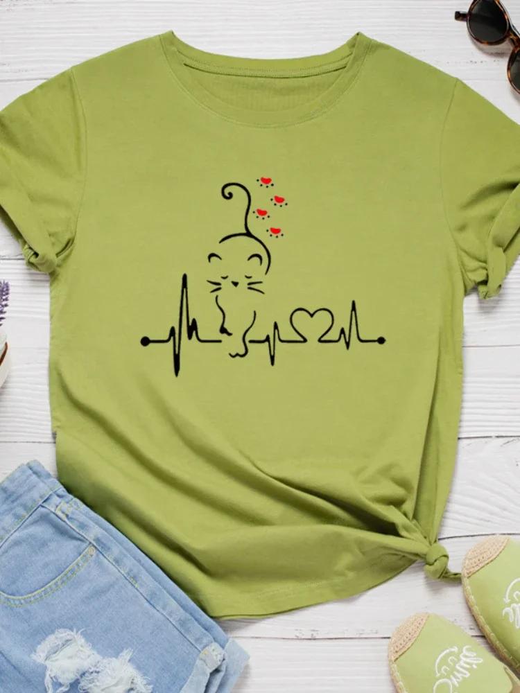 Cat Heartbeat Print Women T Shirt Short Sleeve O Neck Loose Women Tshirt Ladies Tee Shirt Tops Clothes Camisetas Mujer
