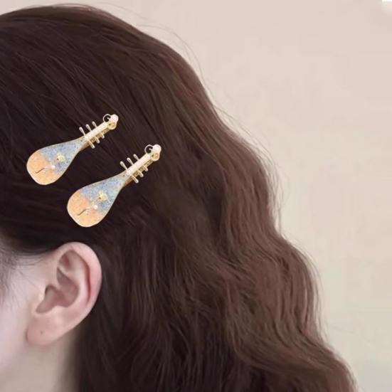 2Pcs Pipa Shape Hair Clips Chinese Style Floral Pattern Faux Pearls Decor Hairpins Festival Cosplay Hair Accessories