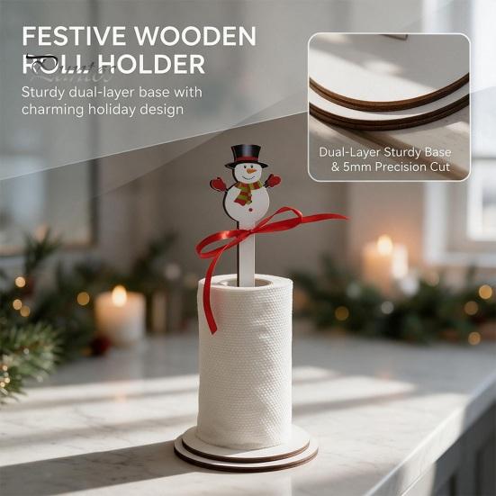 Decoración de Cocina Festiva Portarrollos de Papel de Cocina Navideño de Madera, Dispensador de Rollo 2D con Muñeco de Nieve, Estante Decorativo para Servilletas con Diseños de Papá Noel, Soporte para Comedor