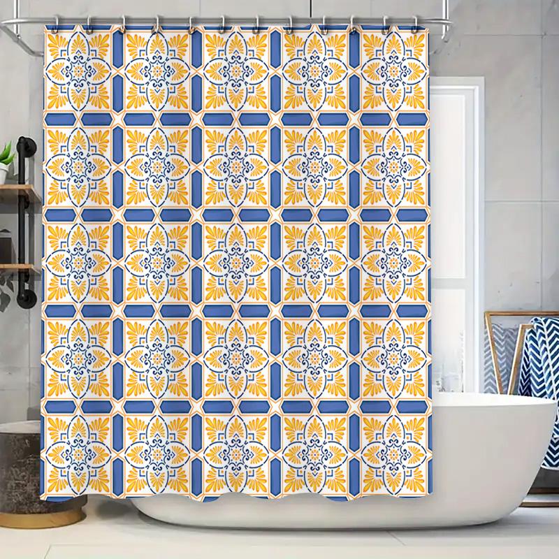 

Blue Yellow Modern Tile Pattern Shower Curtain For Bathroom Decor Luxury Home Textile Fabric With Grommets For Easy Hanging W60H190(CM)-1 Pcs