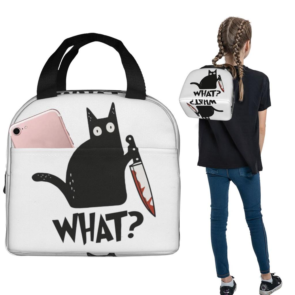 Cat What Murderous Black Cat With Knife Insulated Lunch Bag for Women Children Leakproof Food Boxes Thermal Lunch Box Tote