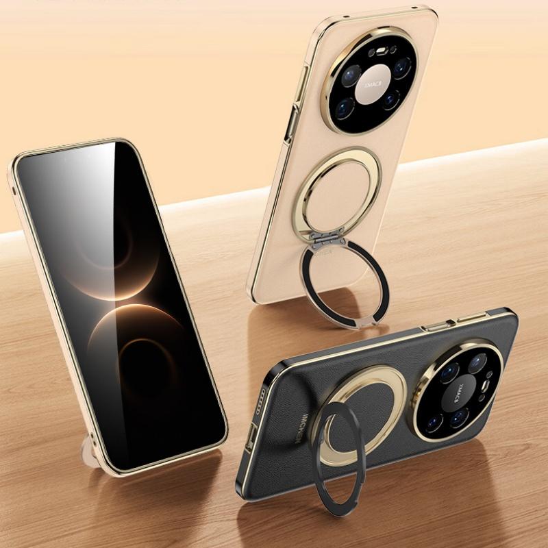 Luxury Grade Calfskin Leather Case For Huawei Mate 80 Pro Max Straight Edge Design Rotatable Holder Full Lens Coverage Cover