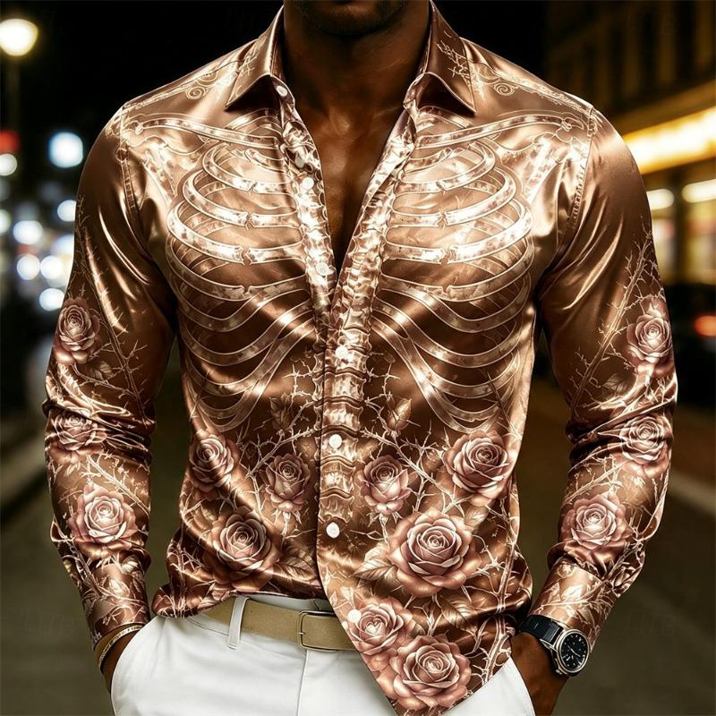 Luxury Men  Silk Satin Shirt Rose Floral Jacquard Long Sleeve Slim Fit Formal Evening Wedding Prom Party Business Dress Shirts