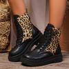 Women's Large Size Leopard Print Lace-Up Thick Sole Round Toe Short Martin Boots.