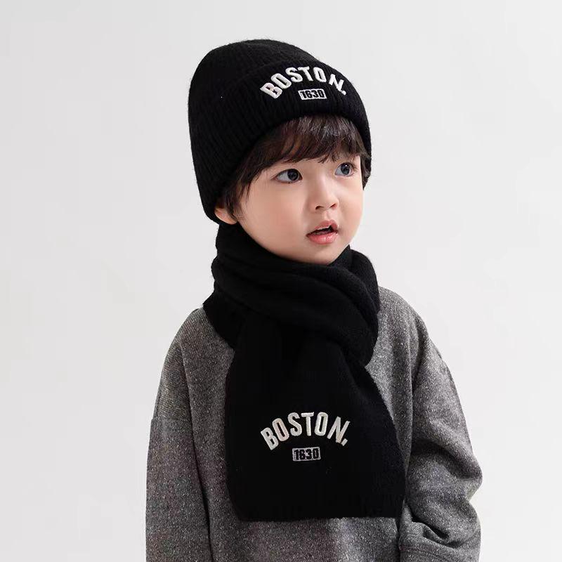 Children’s Korean-Style Knit Hat & Scarf Set with Warm Embroidery