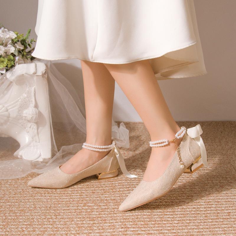 French Pointed Bridesmaid Shoes Thick Heel Wedding Shoes Female Bride High Heel Mary Jane Autumn Evening Breeze Gentle Single Shoes