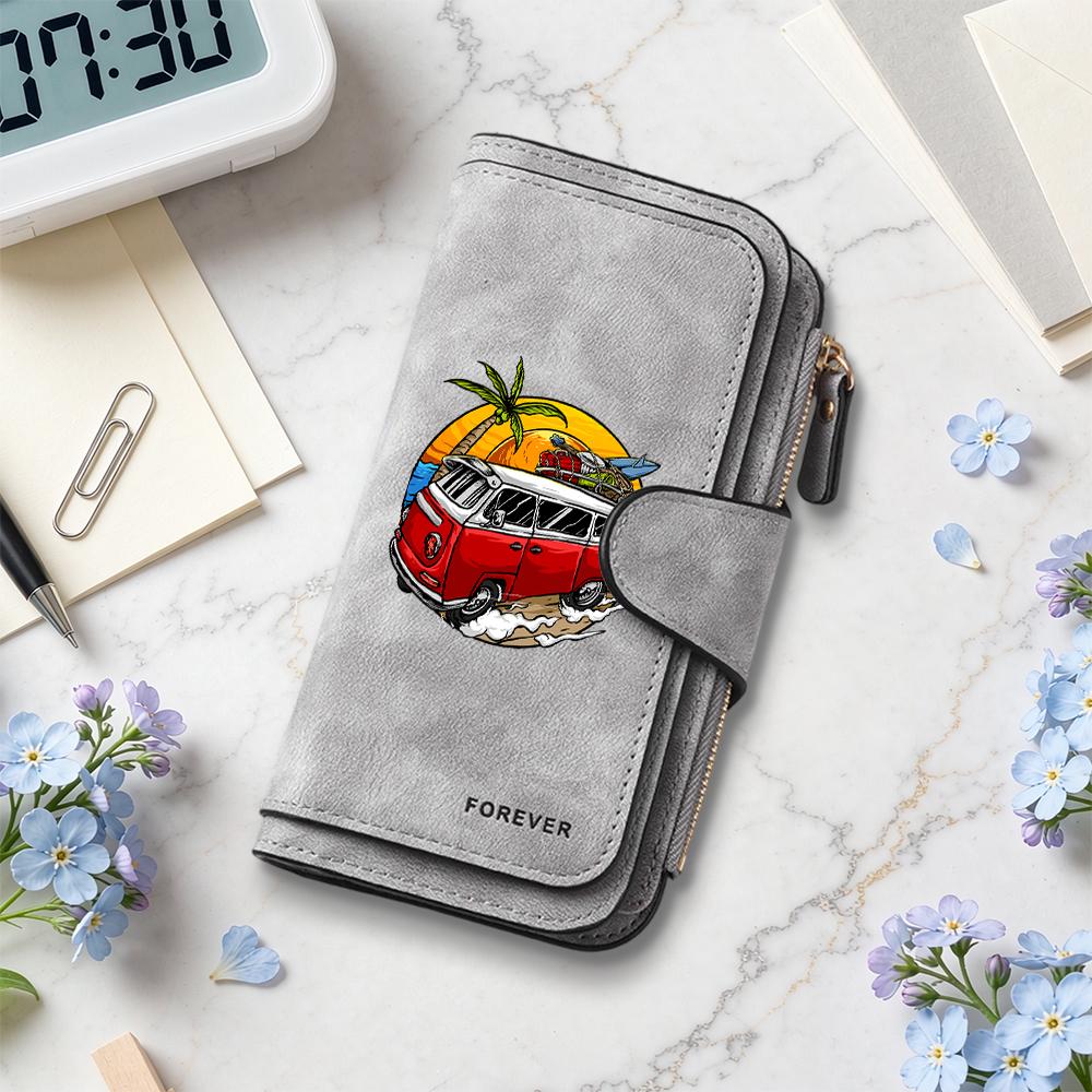 Vintage Summer Van Printed Long Wallet Casual Fashion Portable Multi Card Holder for Daily Use
