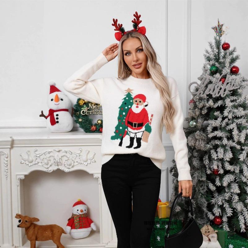 Świąteczny Sweter Dzianinowy Pulower Okrągły Dekolt Casualowy Żakardowy Sweter Świąteczny i Noworoczny Top