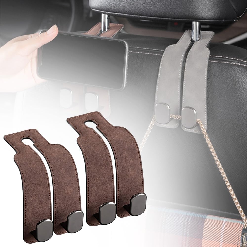 

2PCS Car Seat Back Double Hooks Leather Car Seat Headrest Double Hooks and Mobile Phone Holder Automotive Seat Back Organizers