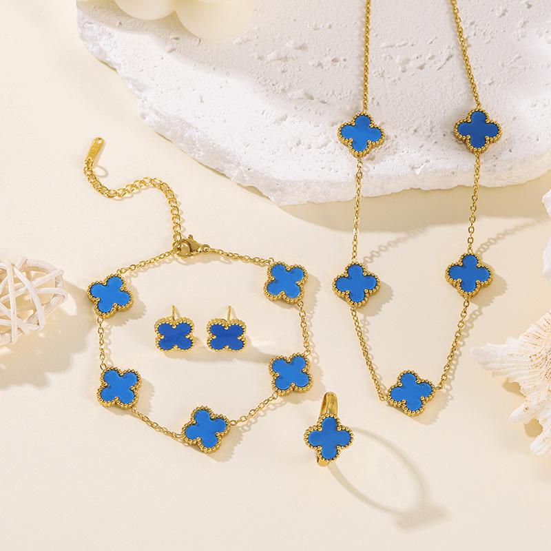 4pcs Four-Leaf Clover Four-Piece Set Including Necklace, Bracelet, Earrings and Ring, Versatile Lucky Five-Petal Fashion Jewelry