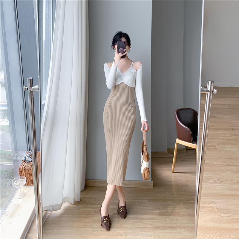 Французское винтажное хип-хоп трикотажное длинное платье женское осенне-зимнее элегантное — фото 7