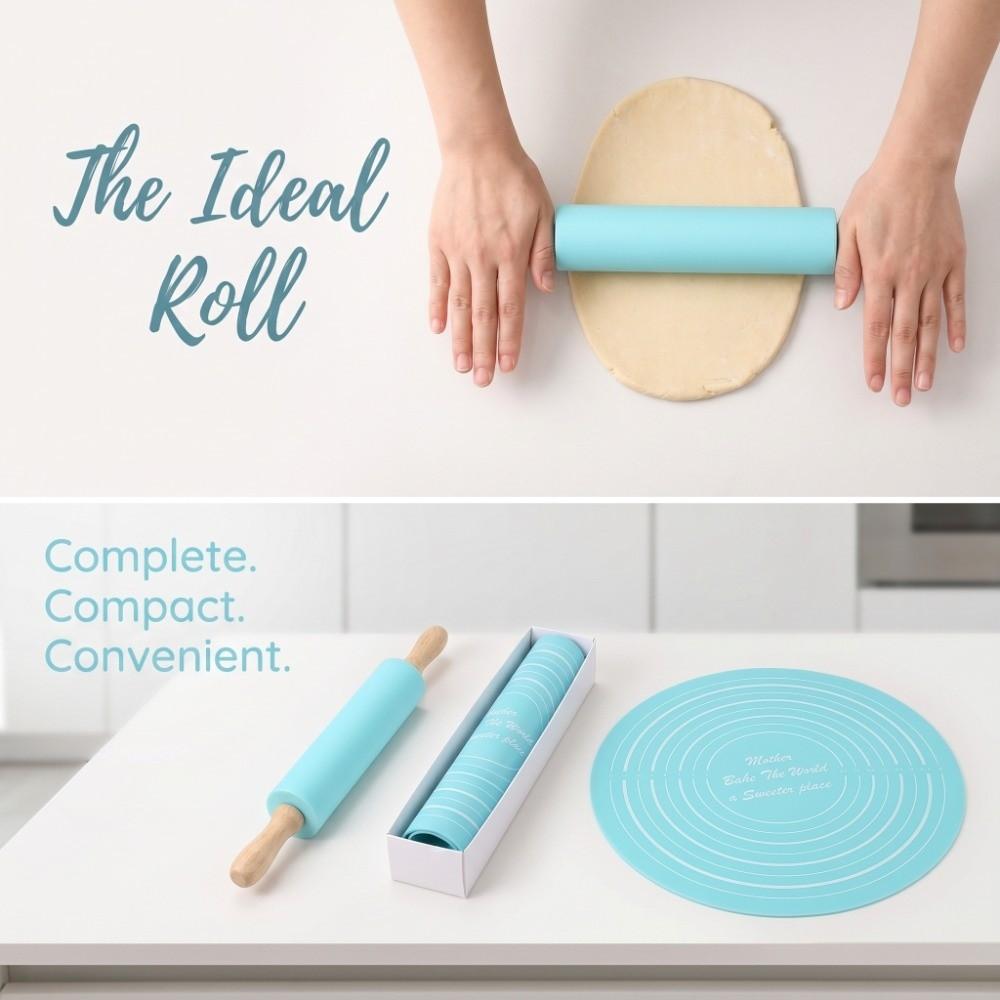 2PCS Wooden Handles Silicone Rolling Pin Silicone Baking Tool Set Pastry Baking Mat Home Baking