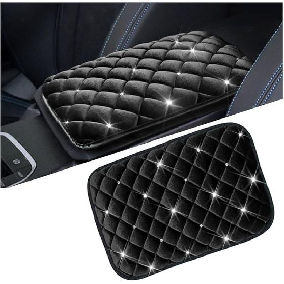 Mandark Bling Car Center Console Cover, Crystal Rhinestone Fluffy Automotive Armrest Seat Box Cushion Pad, Soft Comfortable Diamond Arm Rest