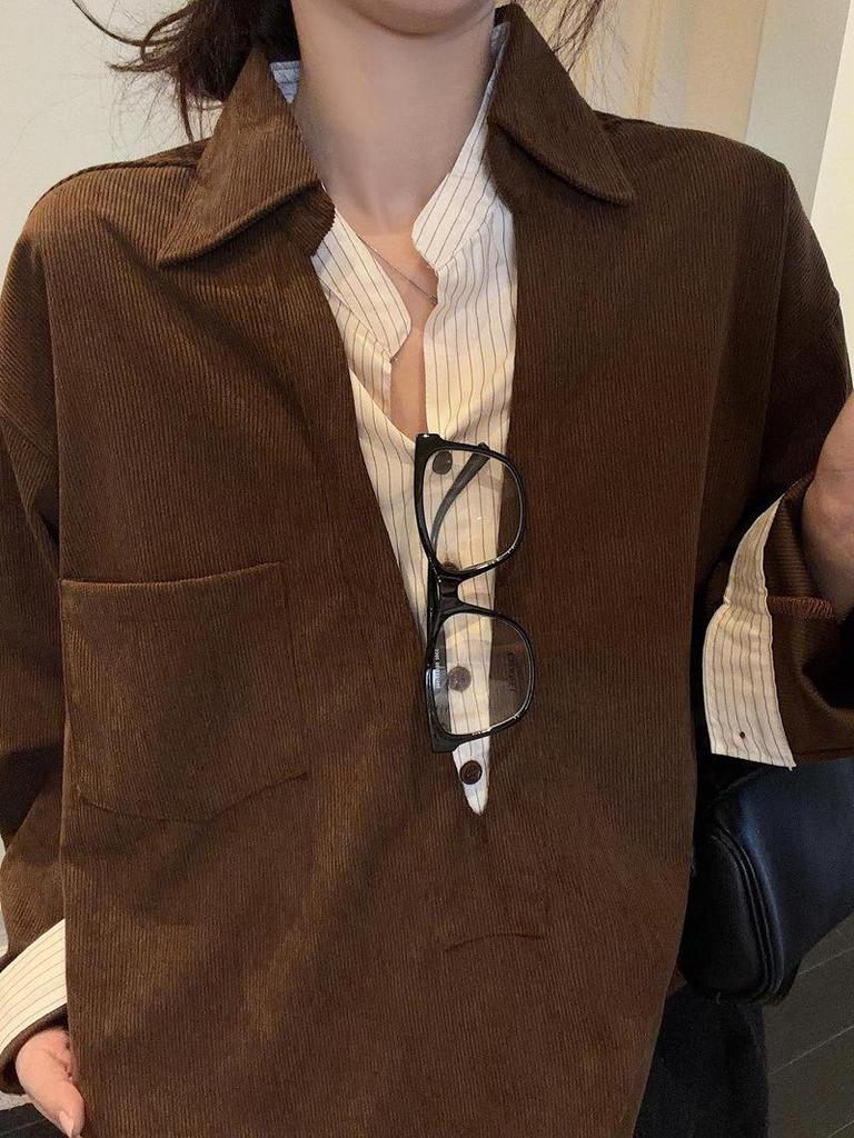 Korean Retro Coffee-Toned Two-Piece Effect Patchwork Shirt - Women's Spring 2026 Long Sleeve Top