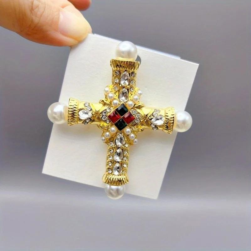 1pc Cross Pearl Brooch, Diamond-encrusted Fashion Vintage Baroque Style Personality Temperament Clothing Accessory