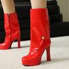 Übergröße Superhoher Hohlblockabsatz Glänzendes Lackleder Material Mittelhohe Stiefel Plateau Seitlicher Reißverschluss Herbst Neue Stiefel