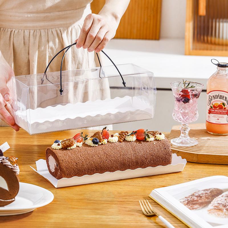 Portable Cake Roll Transparent Box Western Style Dessert Packaging Boxes Rectangular Pastry Case 10pcs Handheld Swiss Roll Cases Double-sided Laminat